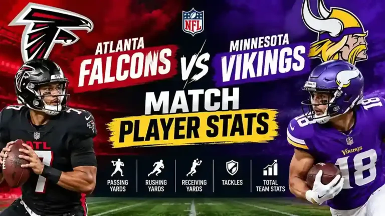 Atlanta Falcons vs Minnesota Vikings match player stats comparison featuring Falcons quarterback in black jersey and Vikings running back in purple jersey with passing yards, rushing yards, receiving yards, tackles, and total team stats icons