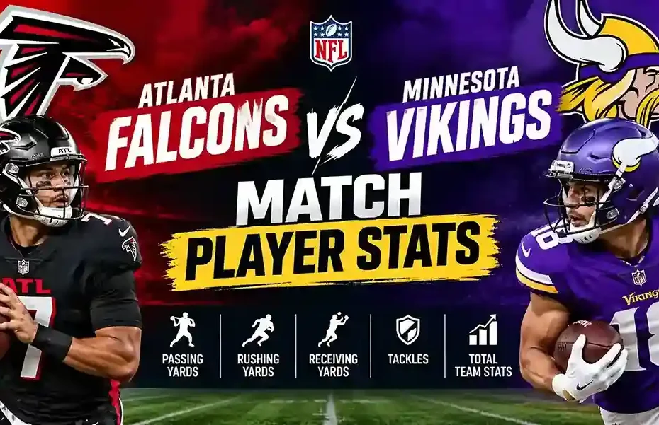 Atlanta Falcons vs Minnesota Vikings match player stats comparison featuring Falcons quarterback in black jersey and Vikings running back in purple jersey with passing yards, rushing yards, receiving yards, tackles, and total team stats icons