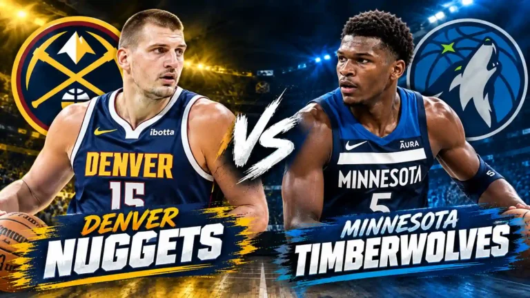 Denver Nuggets vs Minnesota Timberwolves NBA matchup graphic featuring Nikola Jokic and Anthony Edwards with team logos
