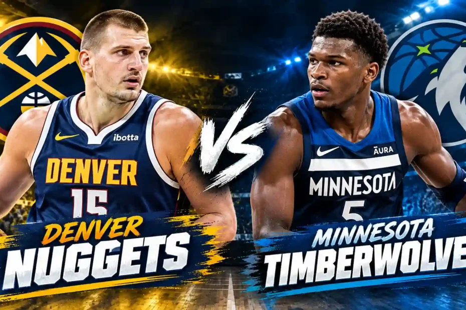 Denver Nuggets vs Minnesota Timberwolves NBA matchup graphic featuring Nikola Jokic and Anthony Edwards with team logos